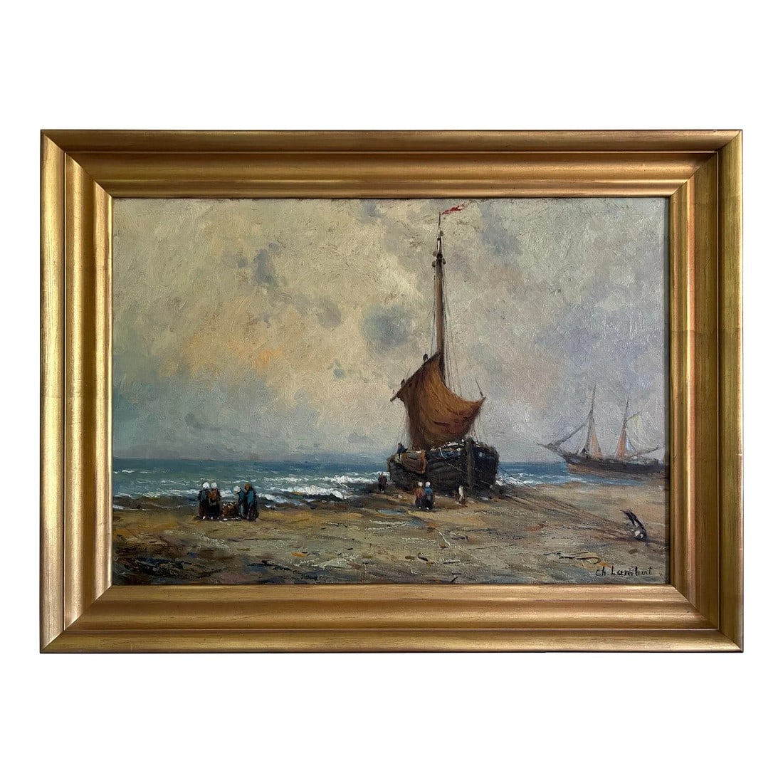Late 19th Century Antique Belgium Oil Painting of Beach Landscape With Fishing Boat by Charles Lambe (1 of 9)