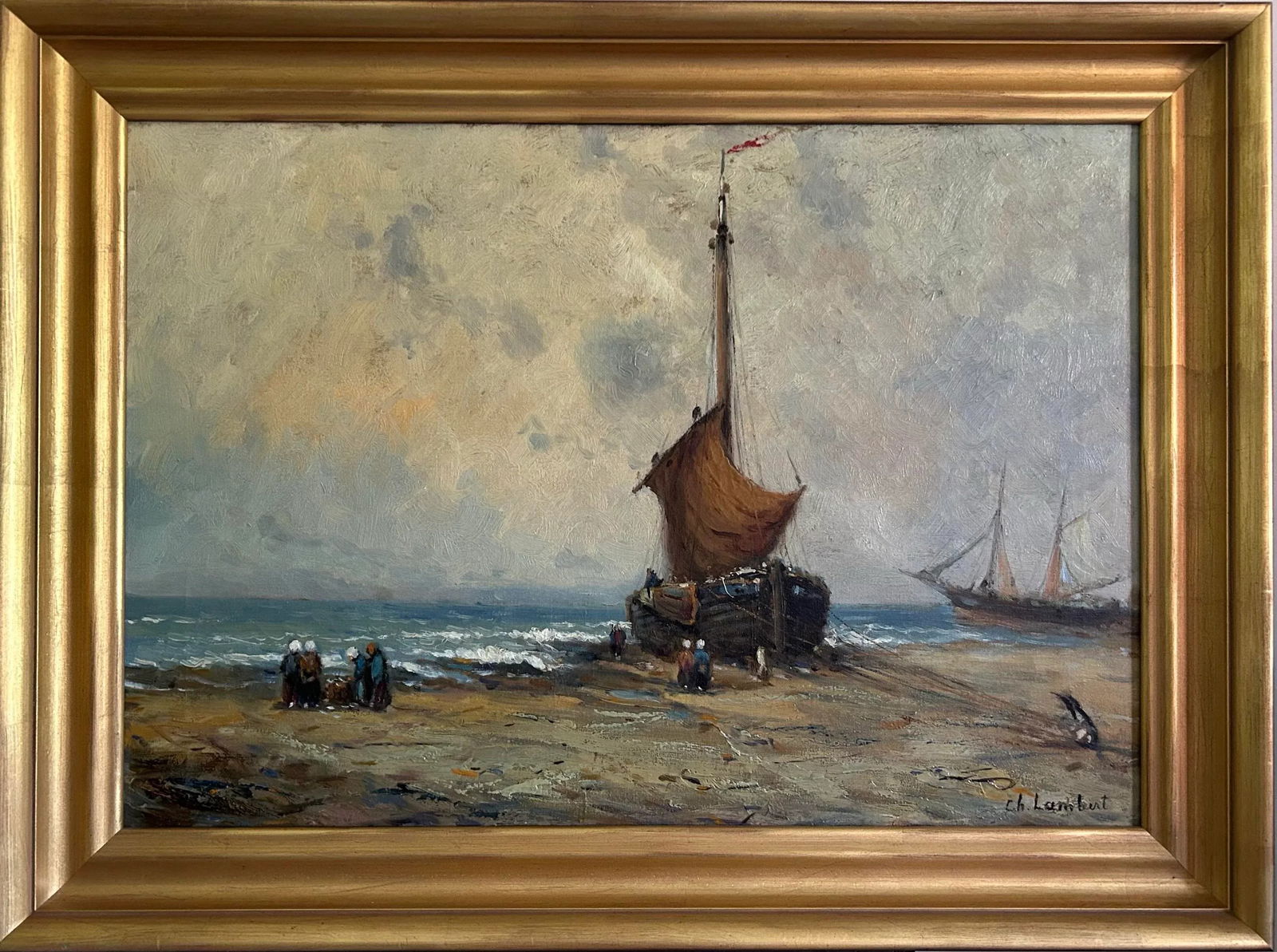 Late 19th Century Antique Belgium Oil Painting of Beach Landscape With Fishing Boat by Charles Lambe - 3