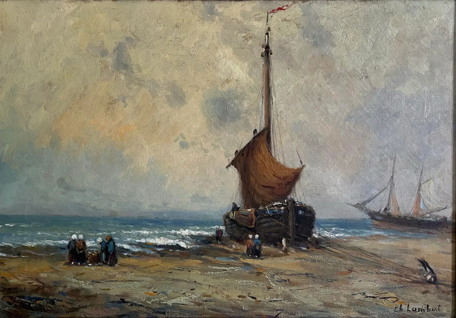 Late 19th Century Antique Belgium Oil Painting of Beach Landscape With Fishing Boat by Charles Lambe - 4
