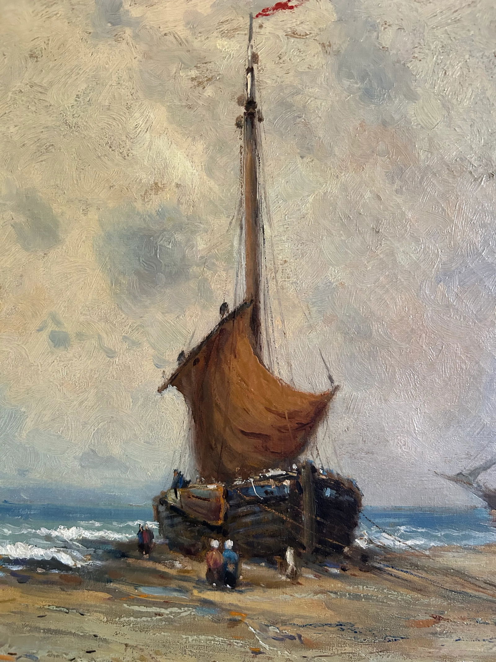 Late 19th Century Antique Belgium Oil Painting of Beach Landscape With Fishing Boat by Charles Lambe - 5
