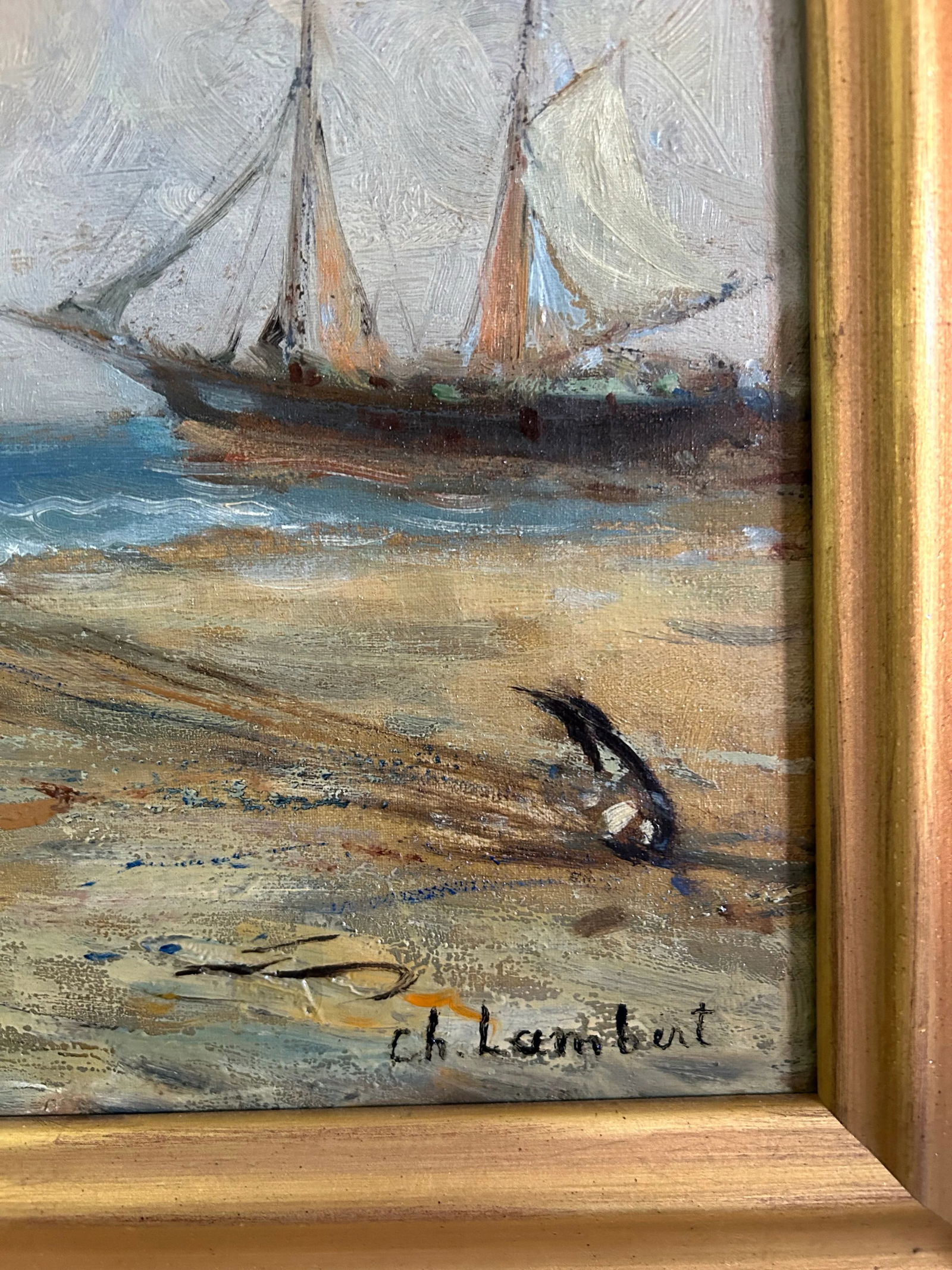 Late 19th Century Antique Belgium Oil Painting of Beach Landscape With Fishing Boat by Charles Lambe - 6