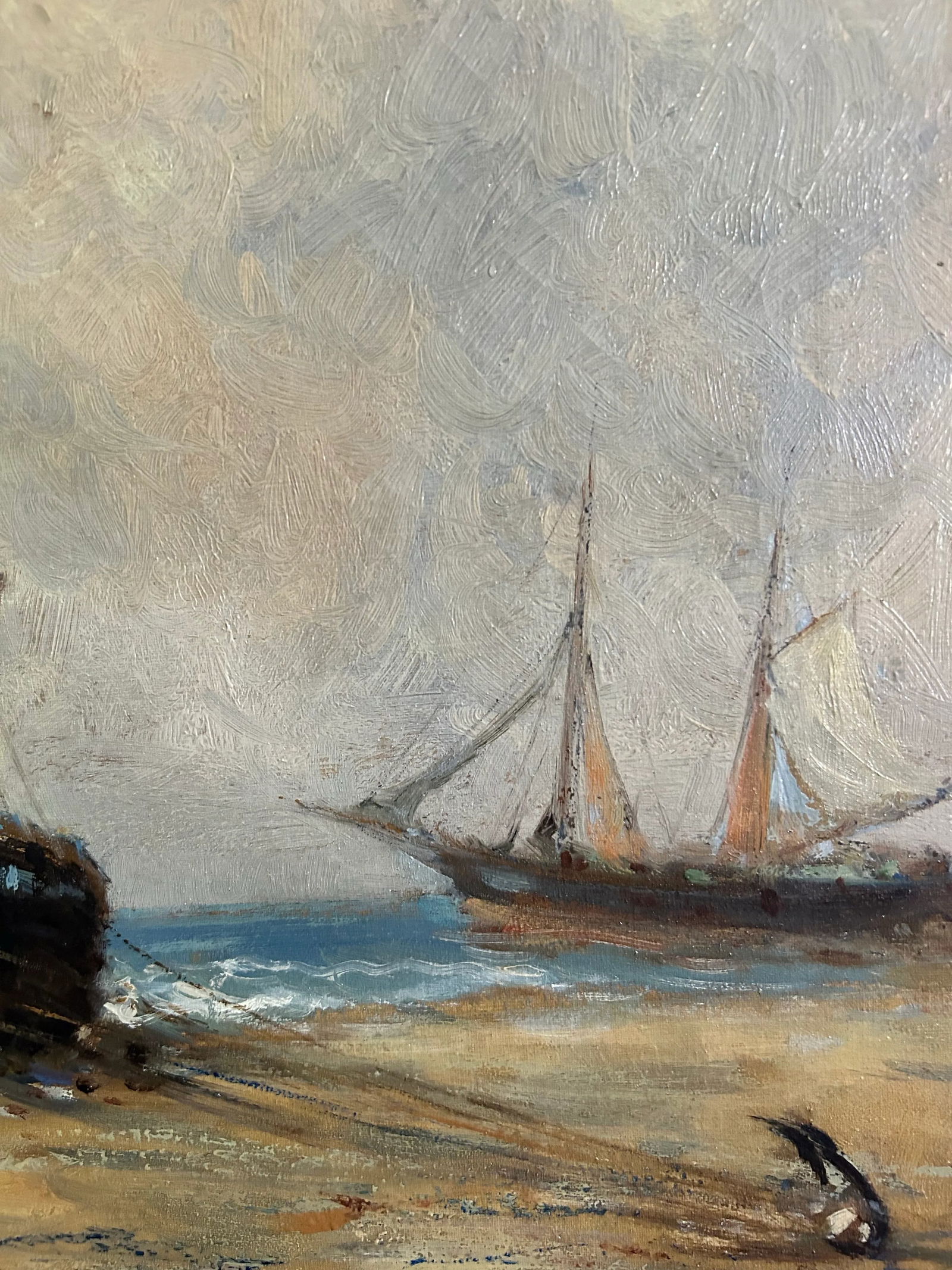 Late 19th Century Antique Belgium Oil Painting of Beach Landscape With Fishing Boat by Charles Lambe - 7