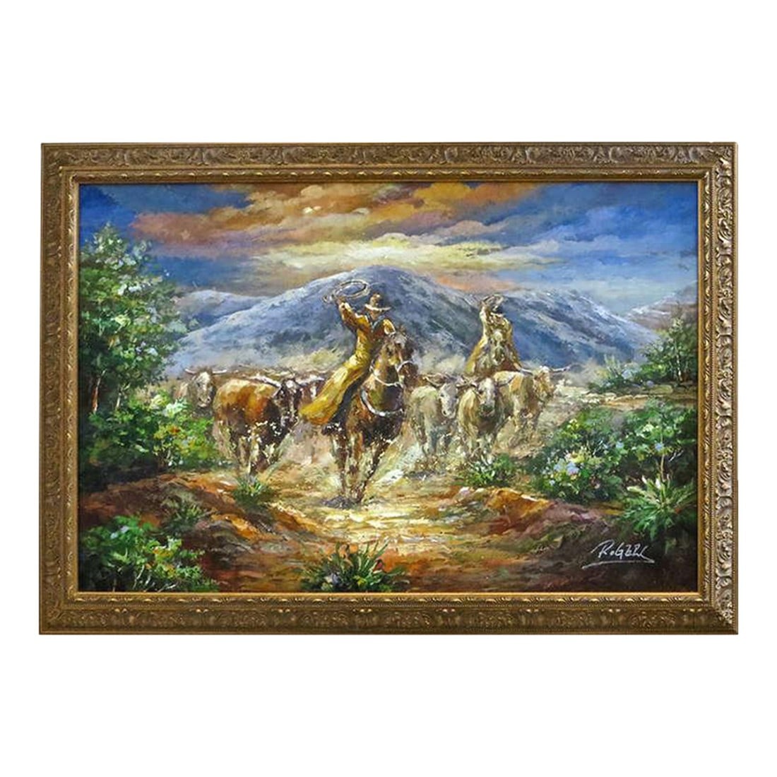 Western Painting Oil on Canvas, Scene of a Roundup, Late 20th Century (1 of 4)