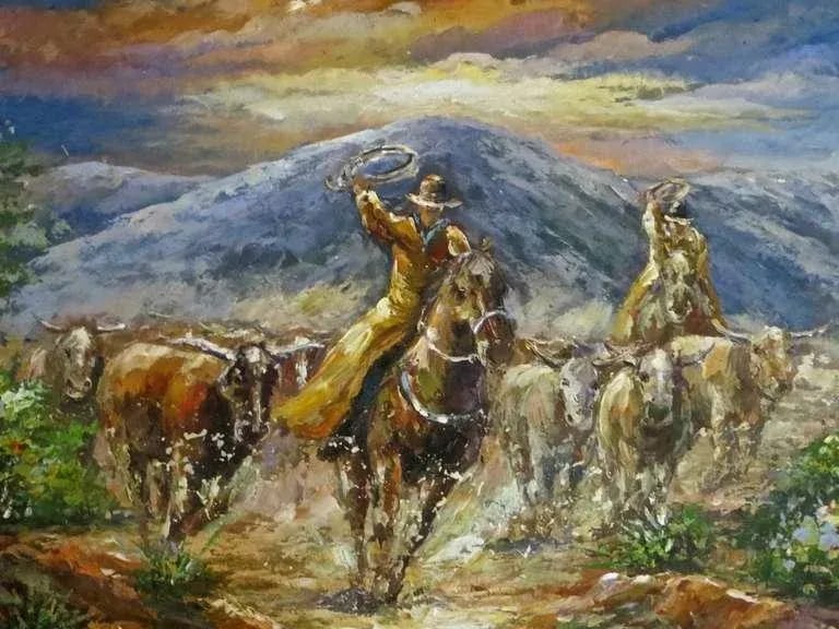 Western Painting Oil on Canvas, Scene of a Roundup, Late 20th Century - 2