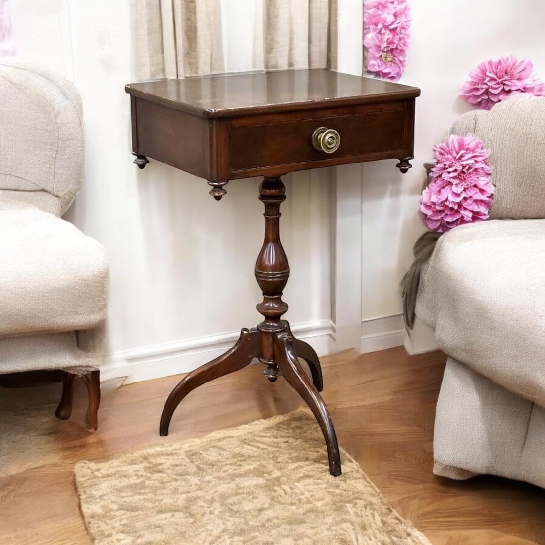 Antique Berkey & Gay Pedestal Table-Side Table-Flame Mahogany-Victorian-Tripod - 7