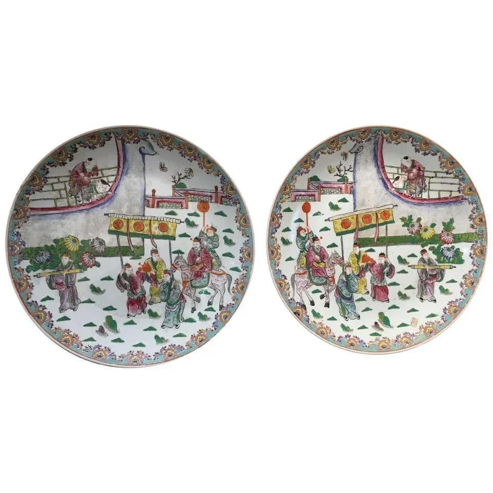 Famille Rose Chinese Porcelain Charger Platters - a Pair - 9