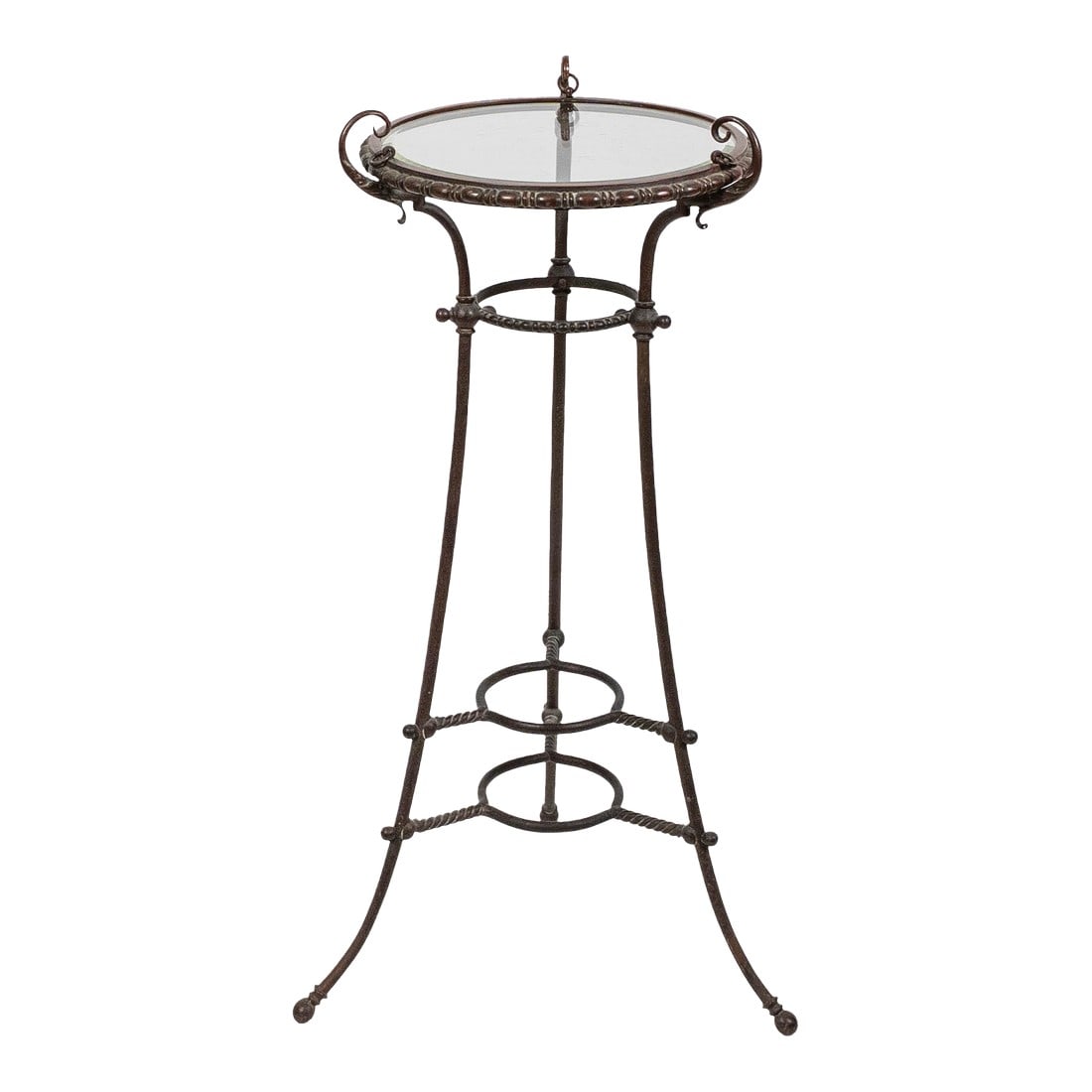 Italian Bronze Gueridon Table: A refined and sculptural Italian bronze gueridon table base, showcasing beautifully aged patina, decorative rope-twist detailing, and elegant scrollwork throughout. This slender pedestal design featur