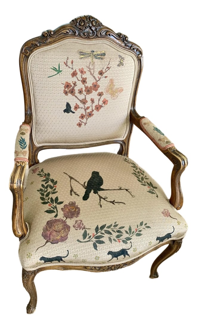 Mid-Century Upholstered Carved Wood French Provincial Armchair With Hand Painted Flowers and Bugs (1 of 6)