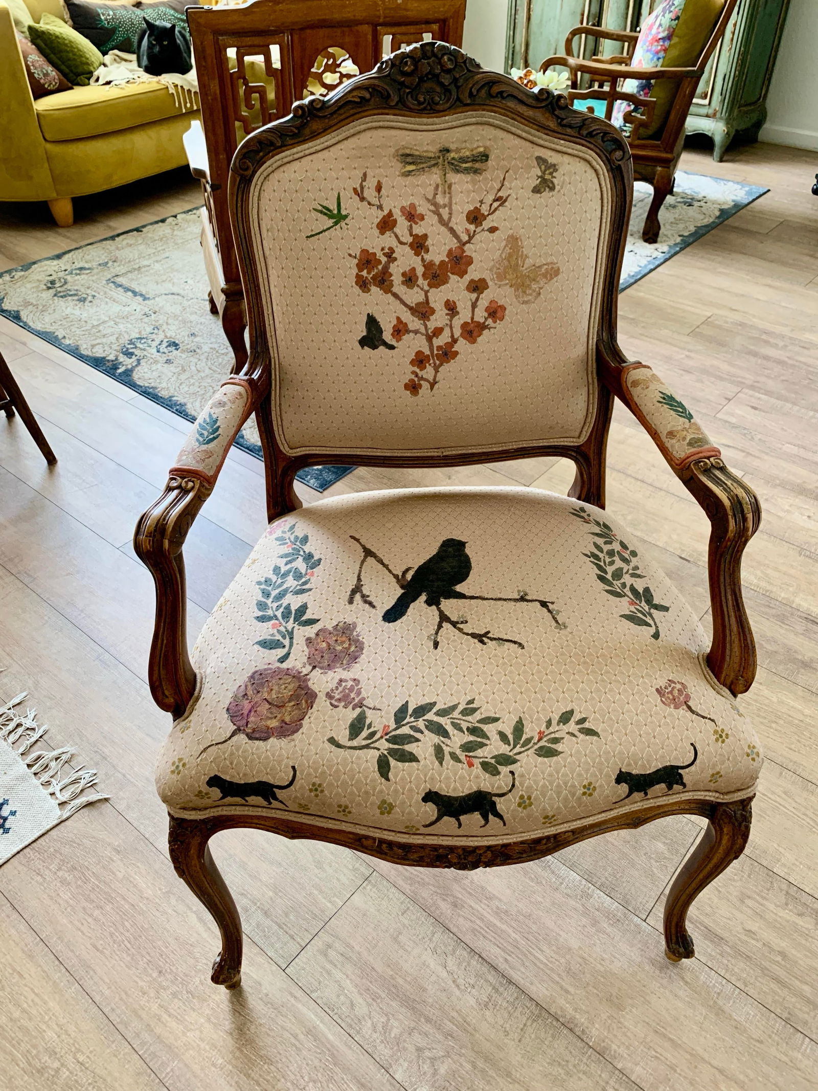 Mid-Century Upholstered Carved Wood French Provincial Armchair With Hand Painted Flowers and Bugs - 2