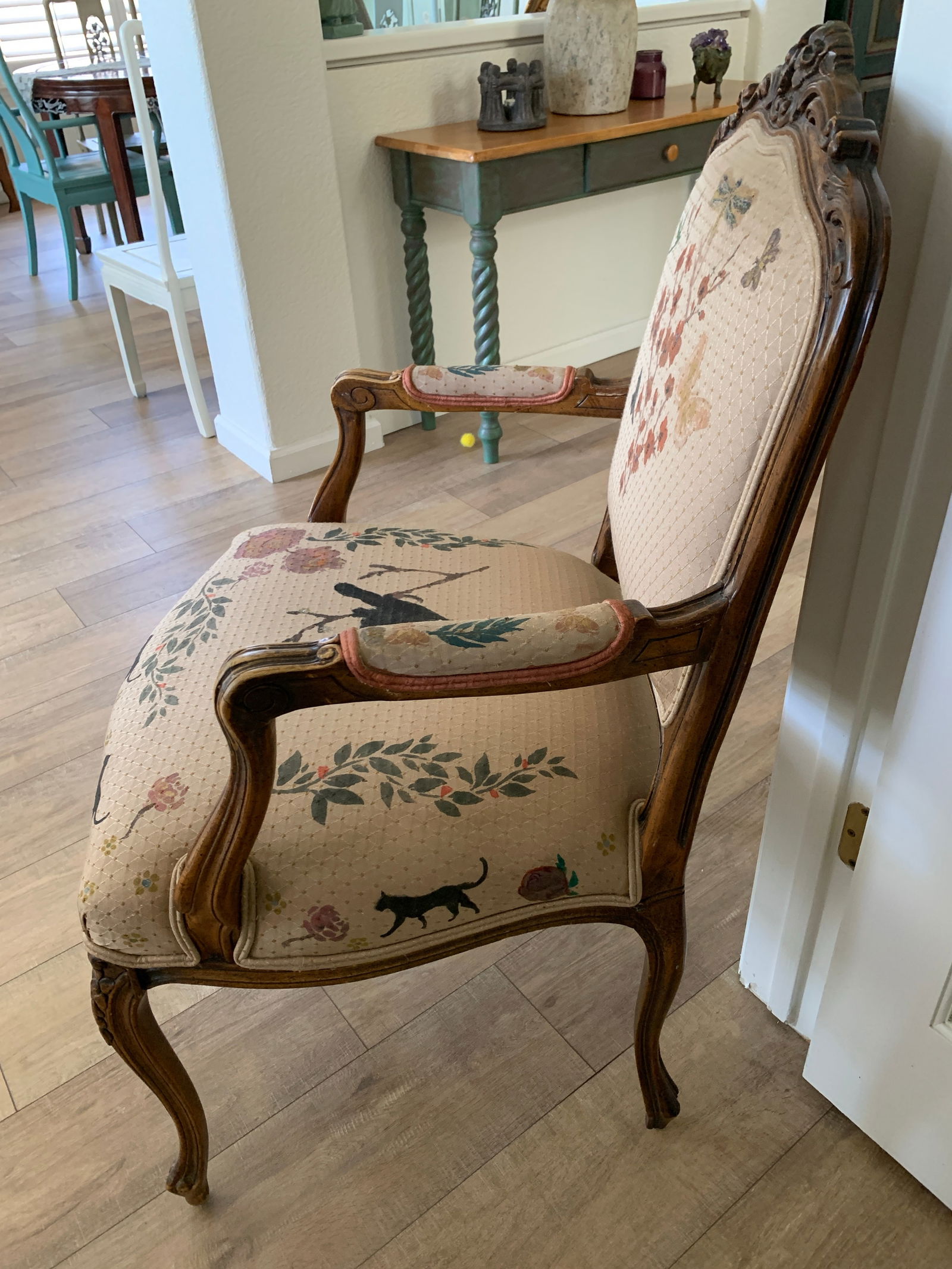 Mid-Century Upholstered Carved Wood French Provincial Armchair With Hand Painted Flowers and Bugs - 3
