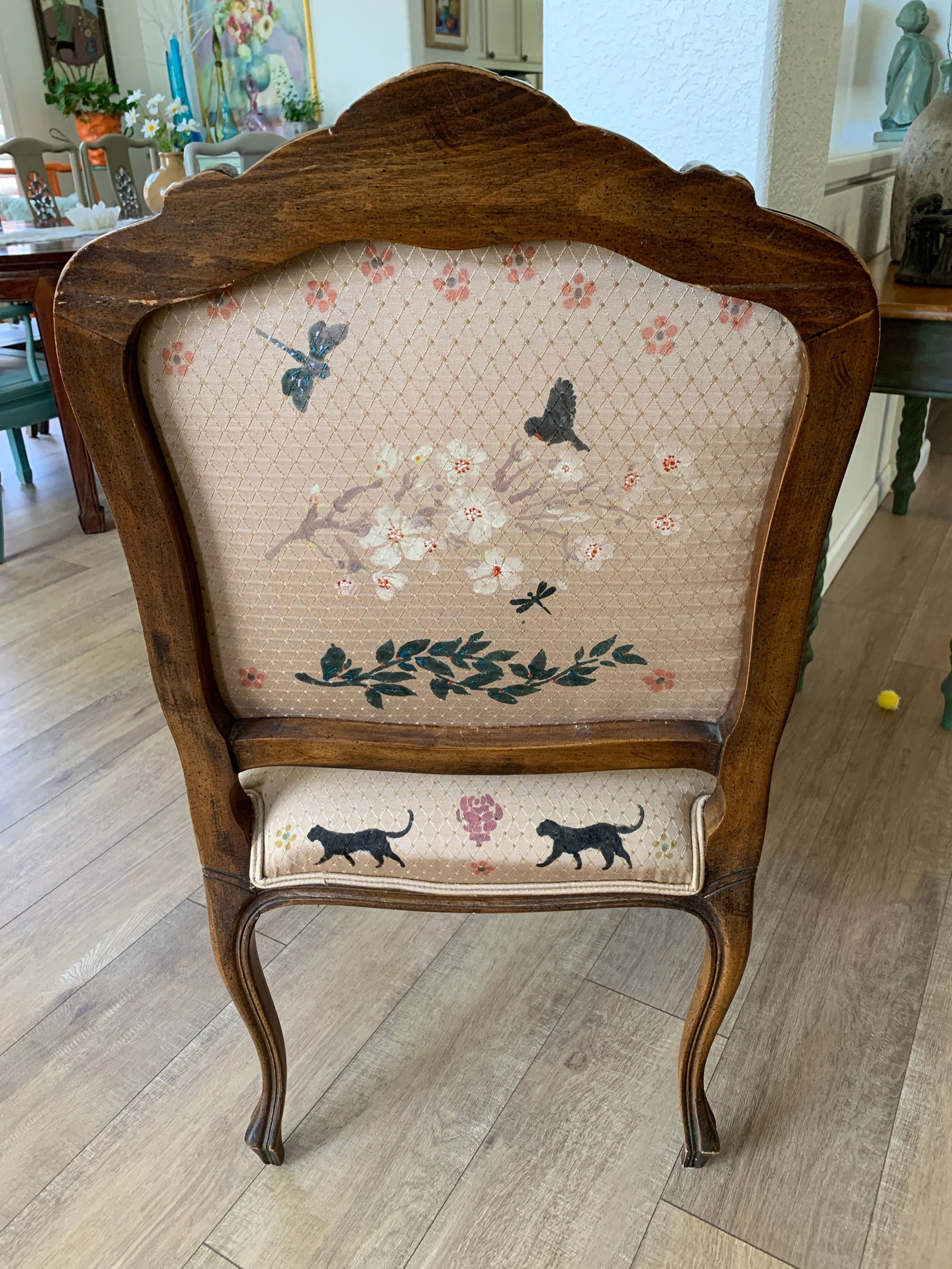 Mid-Century Upholstered Carved Wood French Provincial Armchair With Hand Painted Flowers and Bugs - 6