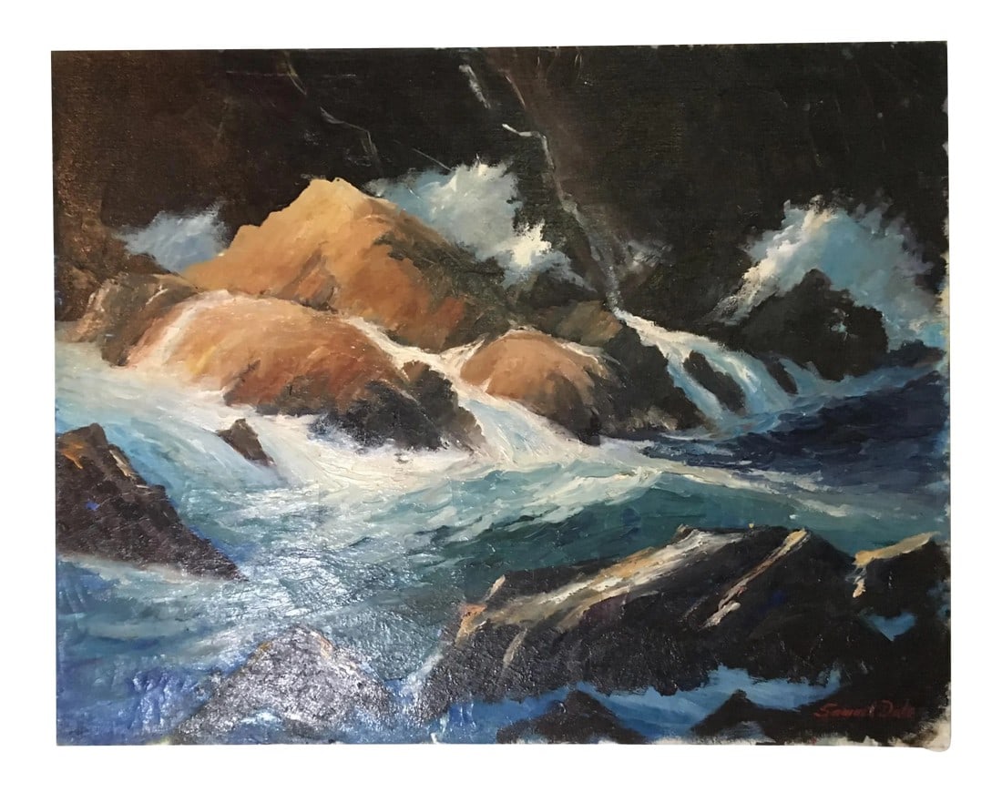 1970s Seascape Oil Painting by Samuel Dale: Very well executed oil on canvas seascape painting. The ocean waves crash on a cliff side littered with boulders as the piece dances with the colors of sand, off-white, and hues of blue. Signed on