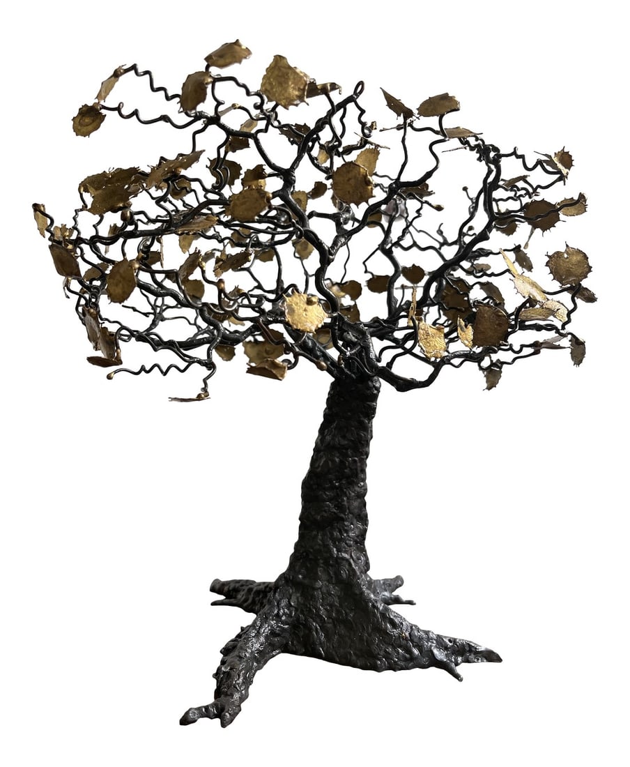 Vintage Mid-Century Modern Metal Tree Sculpture: Vintage mid-century modern tree sculpture made from what I think is brass (for the leaves) and iron or bronze (for the trunk). Colors are deep gold, brass and a very warm bronze. Artist name AYALA is