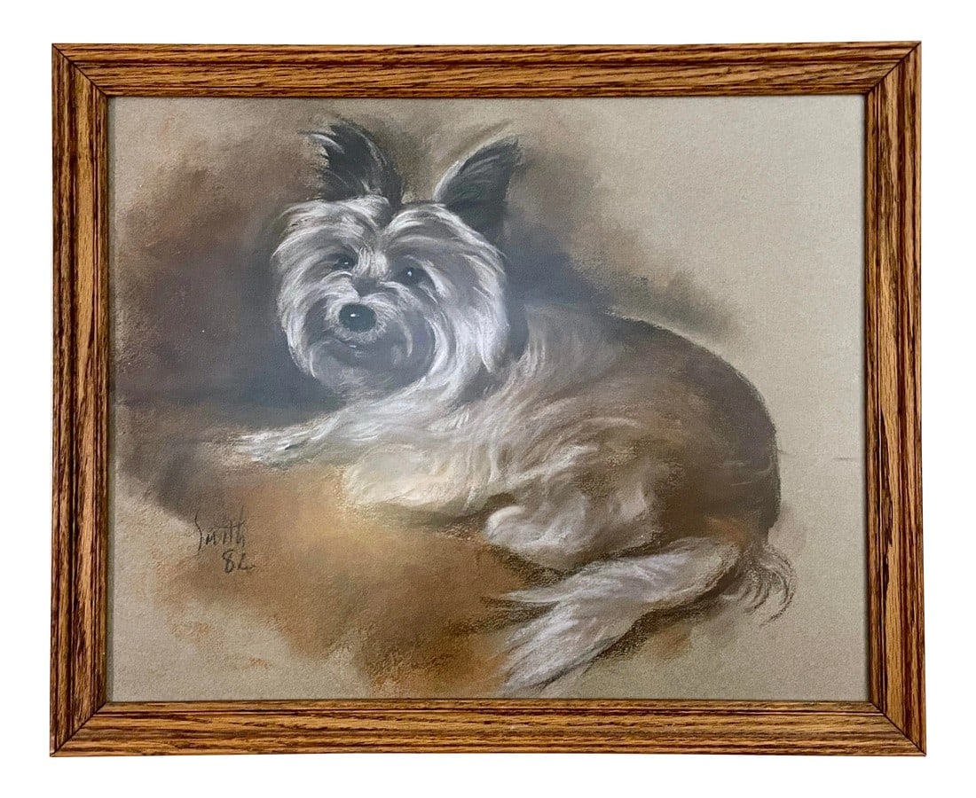 1980s Yorkshire Terrier Dog Portrait Pastel Drawing, Framed (1 of 6)