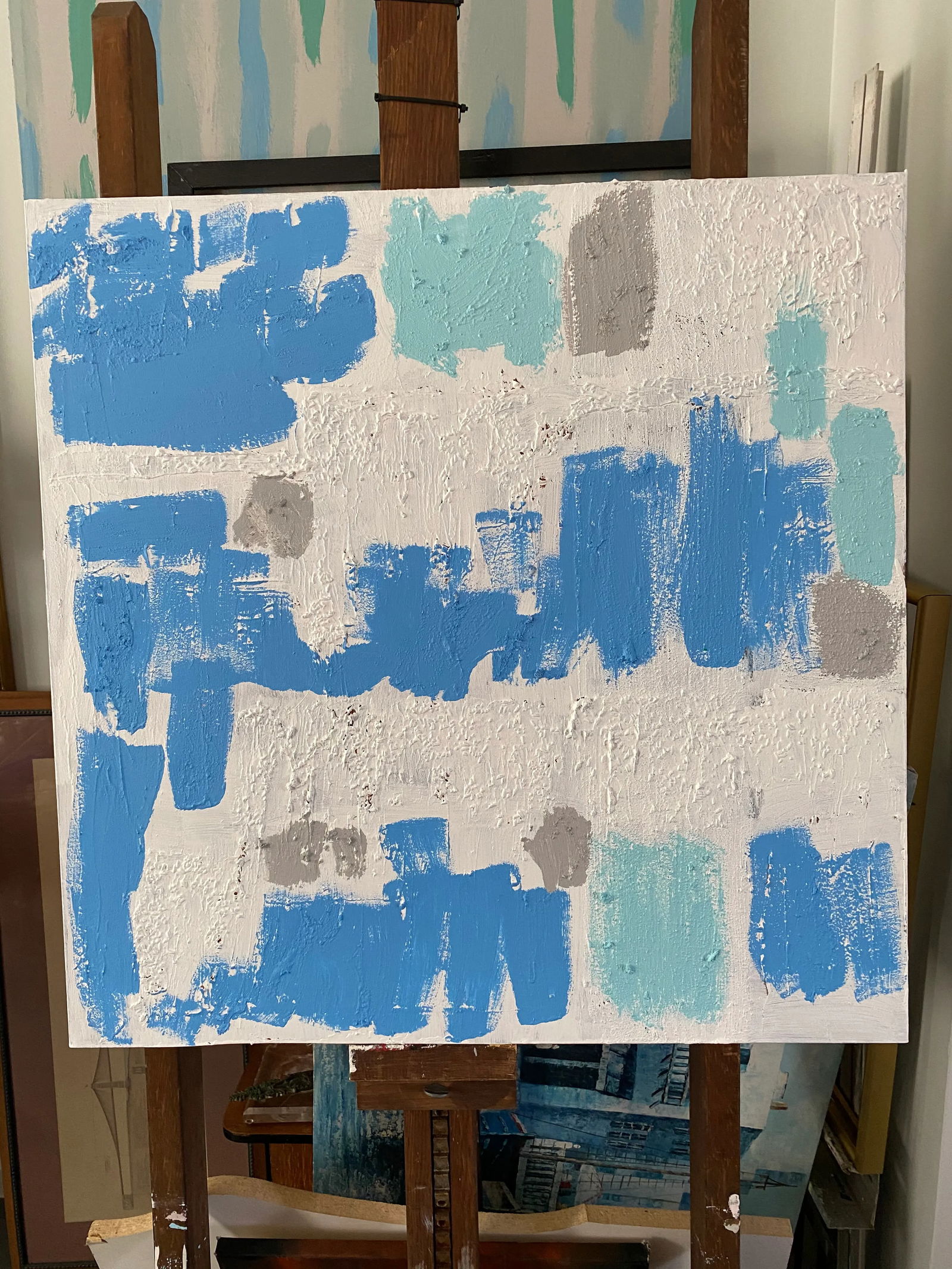 Contemporary Abstract Light Blue and White Mixed-Media Painting - 2