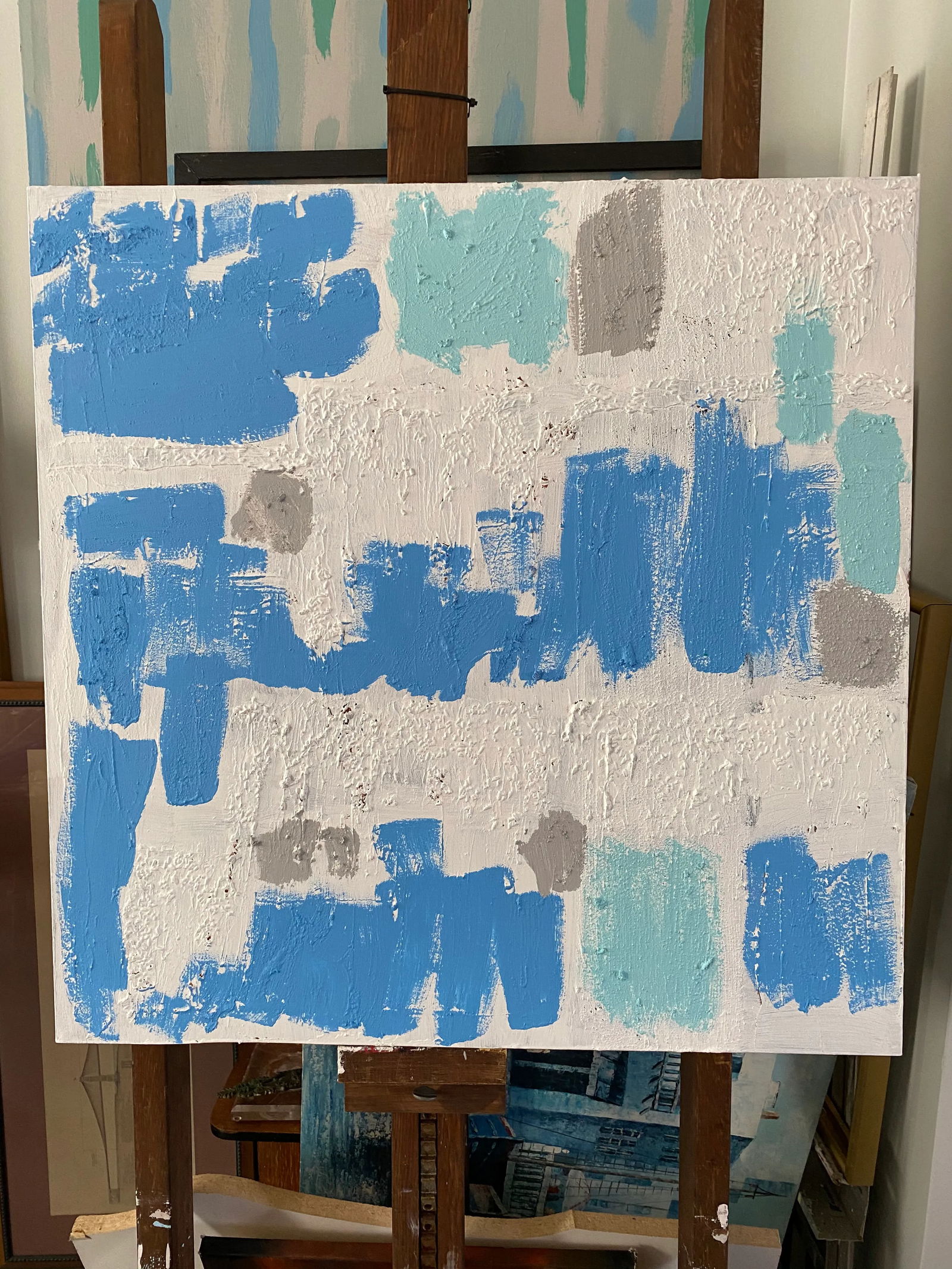 Contemporary Abstract Light Blue and White Mixed-Media Painting - 3