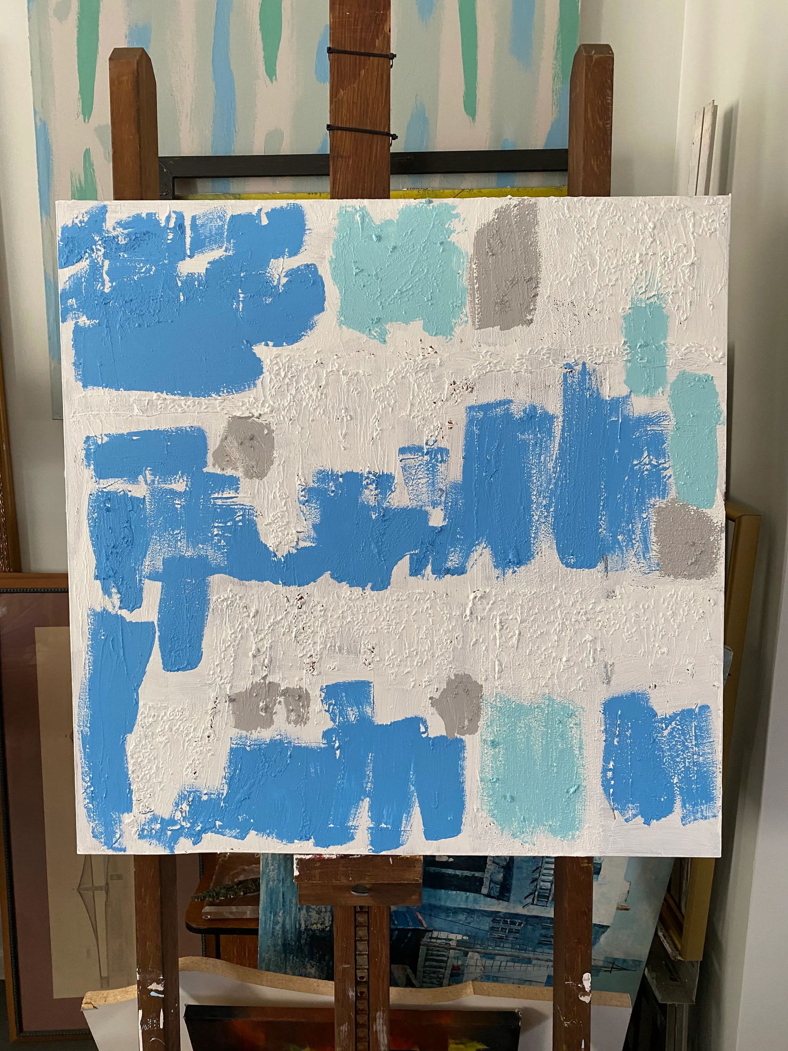 Contemporary Abstract Light Blue and White Mixed-Media Painting - 8