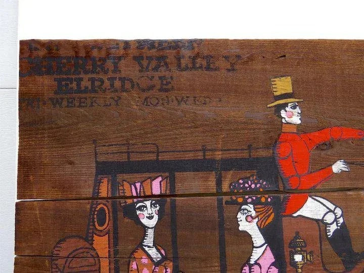 Mid 20th Century Large Mid Century Old Wood Horse Stagecoach Painting Reclaimed Board - 2