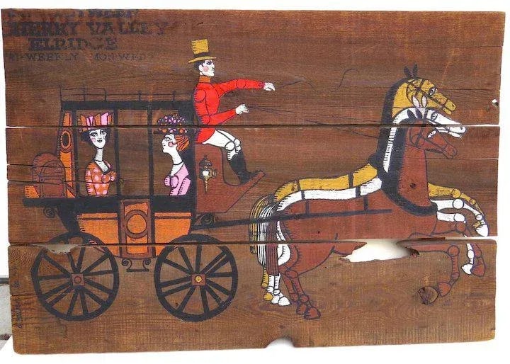 Mid 20th Century Large Mid Century Old Wood Horse Stagecoach Painting Reclaimed Board - 3