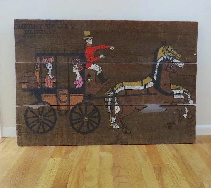 Mid 20th Century Large Mid Century Old Wood Horse Stagecoach Painting Reclaimed Board - 8