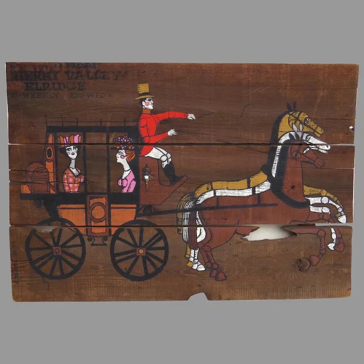 Mid 20th Century Large Mid Century Old Wood Horse Stagecoach Painting Reclaimed Board - 9