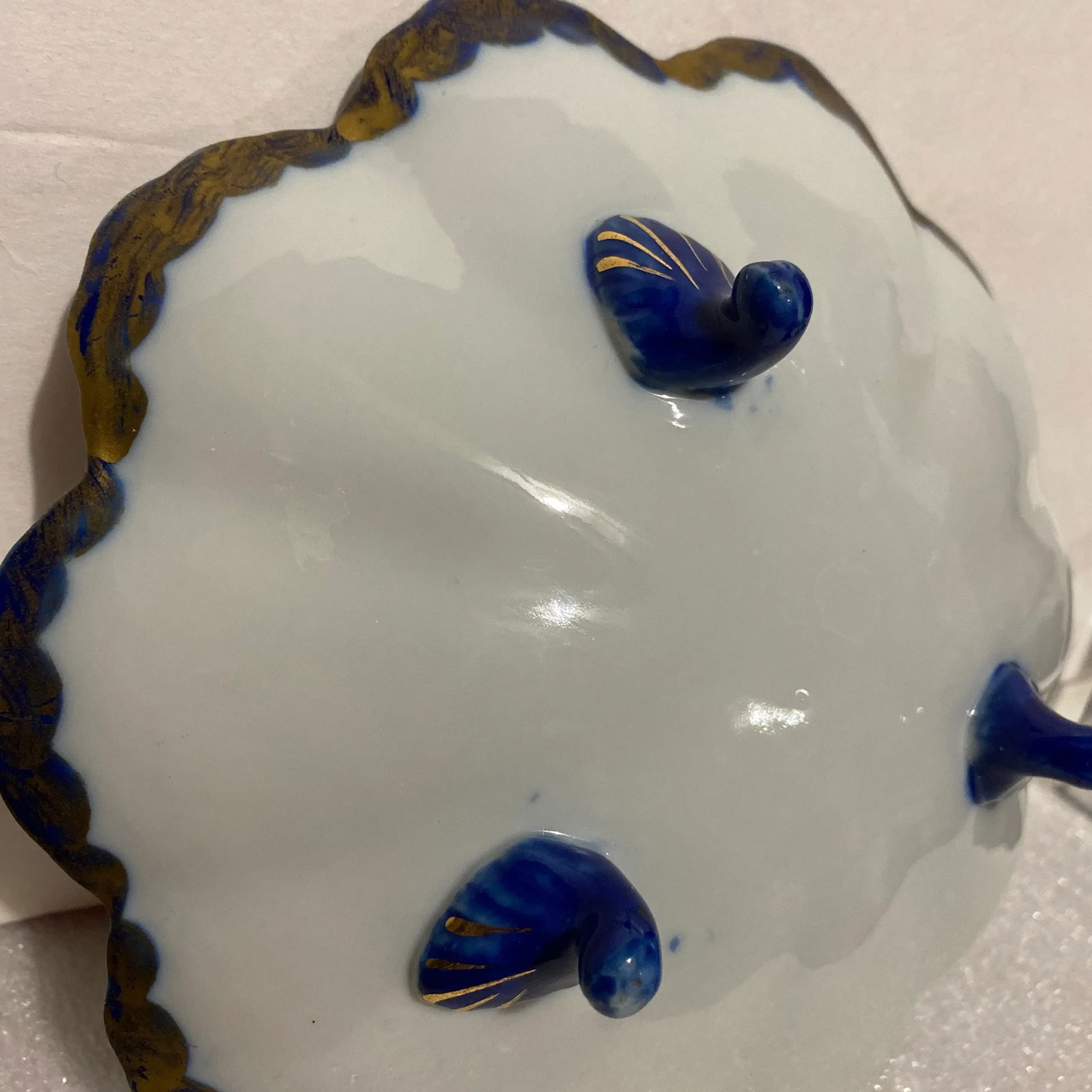 Antique Flow Blue Hand Painted Ironstone Footed Scallop Bowl - 6