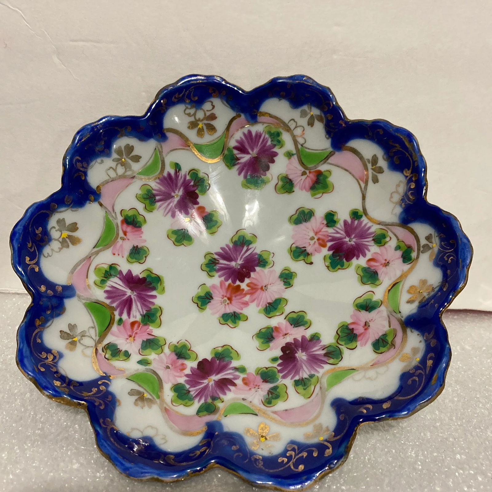 Antique Flow Blue Hand Painted Ironstone Footed Scallop Bowl - 8