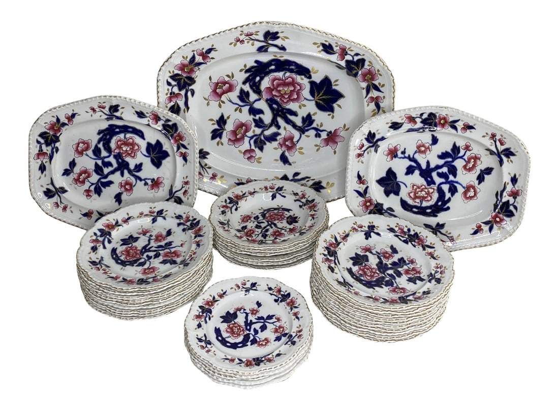 19th Century English Hand Painted China - Set of 33: Lovely early set of hand painted slight flow blue, cranberry and gold on white porcelain ground china. Details include deep cobalt slightly flow leafs and branches, cranberry and pink peonies, gilt