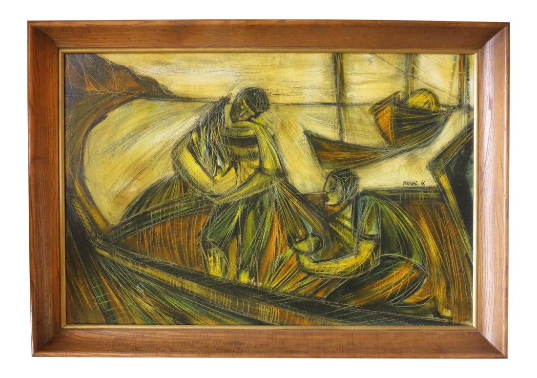 1960s "Fisherfolk" Maritime Oil Painting by Moshe Katz, Framed (1 of 8)