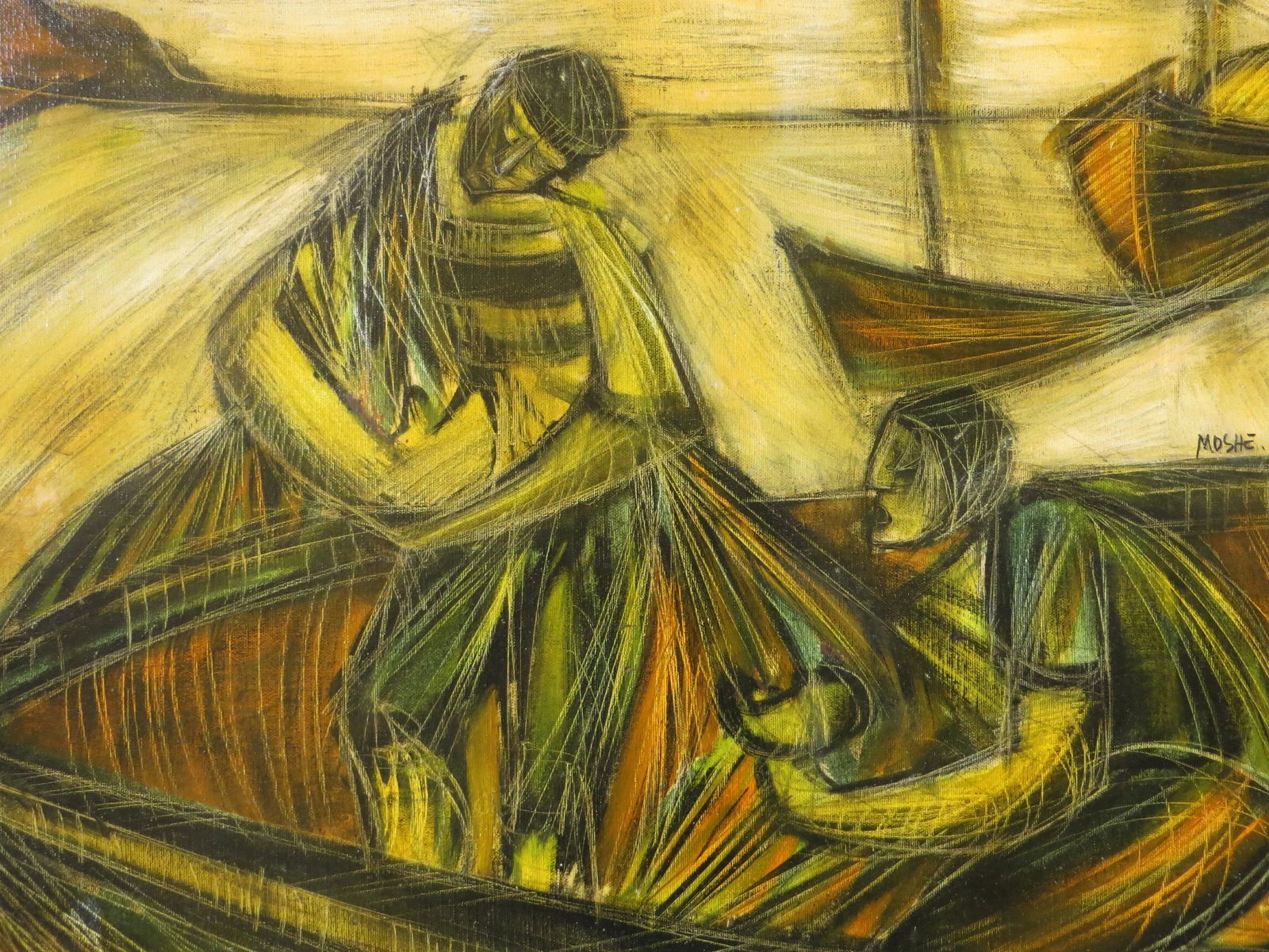 1960s "Fisherfolk" Maritime Oil Painting by Moshe Katz, Framed - 5