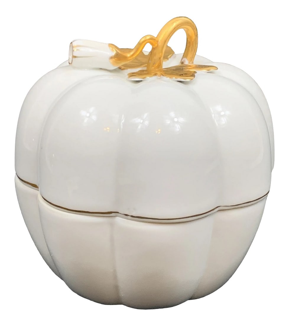 Vintage Lidded Pumpkin Box: Lovely vintage lidded box. Made by Andrea by Sadek. Ceramic. In the Herend style. Wonderful gilt details. Perfect for storage for jewelry, candies or to use as display. This is a pre-owned item so ple