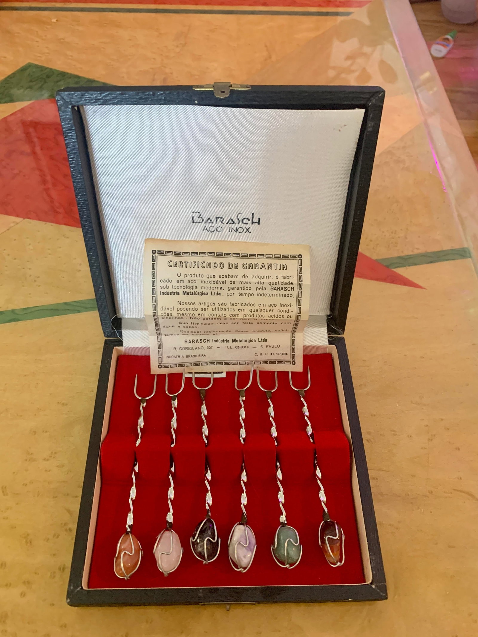 Vintage Barasch Aco Inox Semi Precious Stone Cocktail Forks- Set of 6 - 11