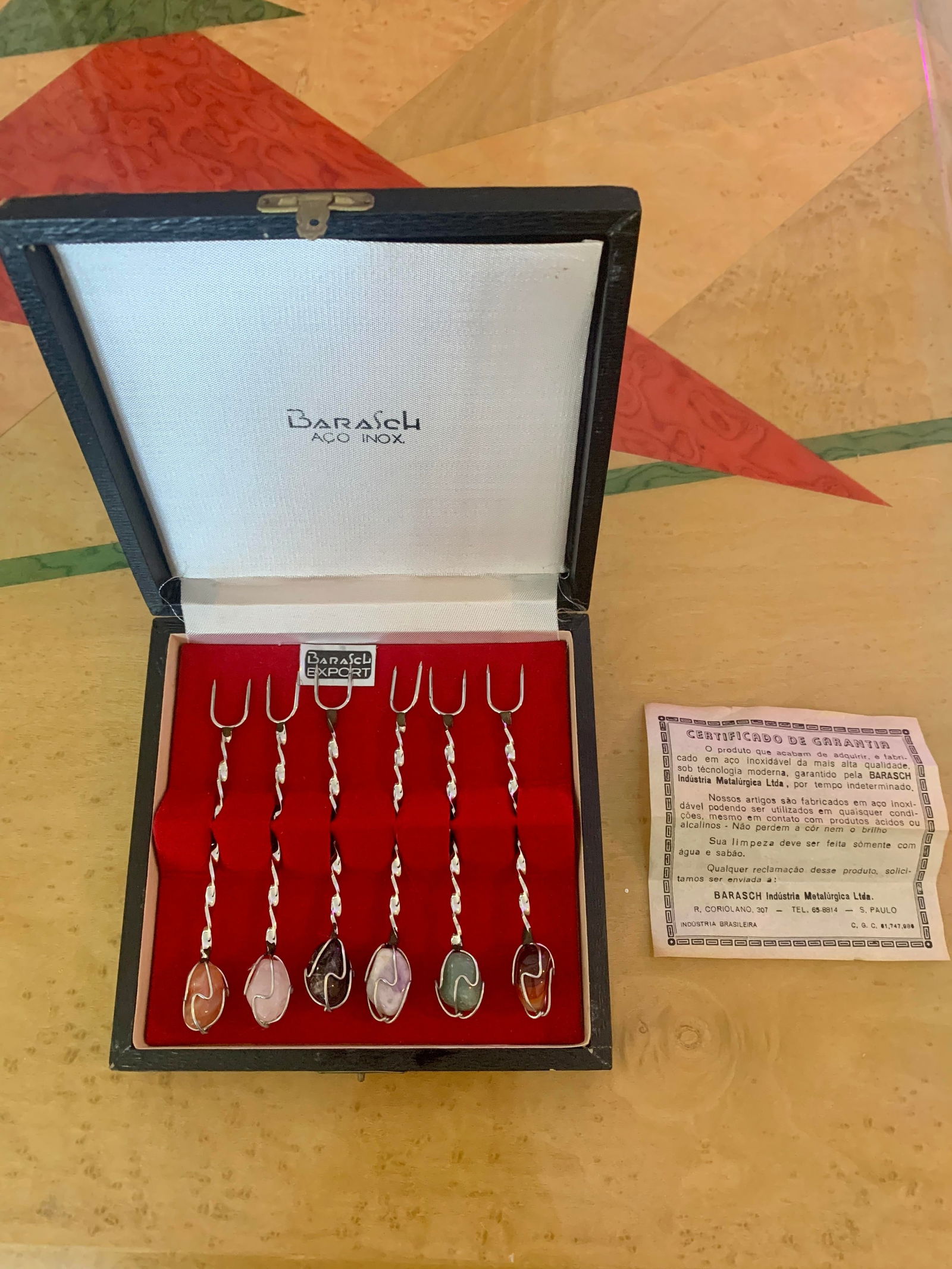 Vintage Barasch Aco Inox Semi Precious Stone Cocktail Forks- Set of 6 - 2