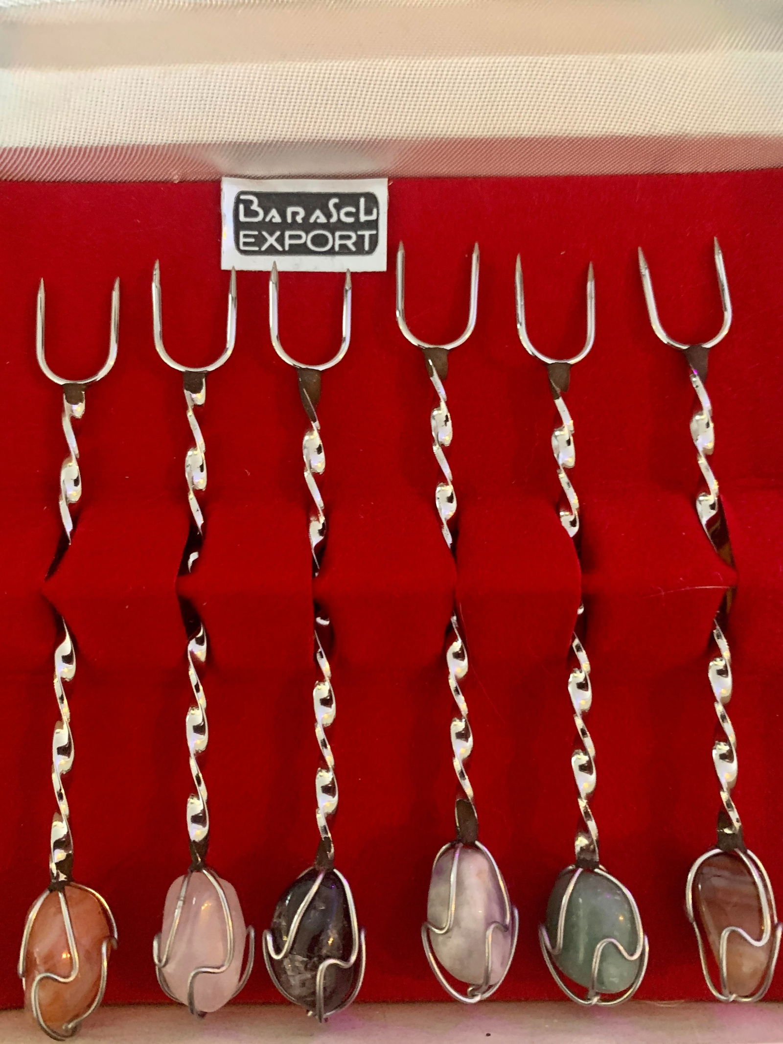 Vintage Barasch Aco Inox Semi Precious Stone Cocktail Forks- Set of 6 - 8