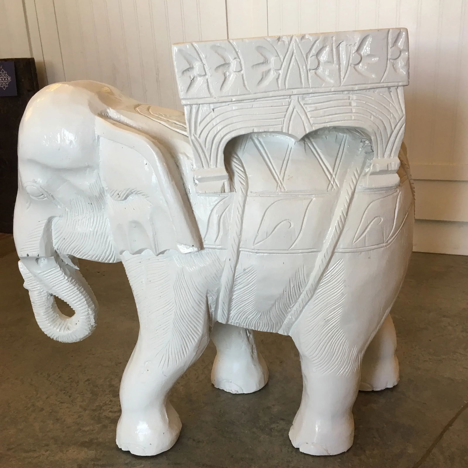Hollywood Regency White Carved Wood Elephant Side Table/ Stool - 2