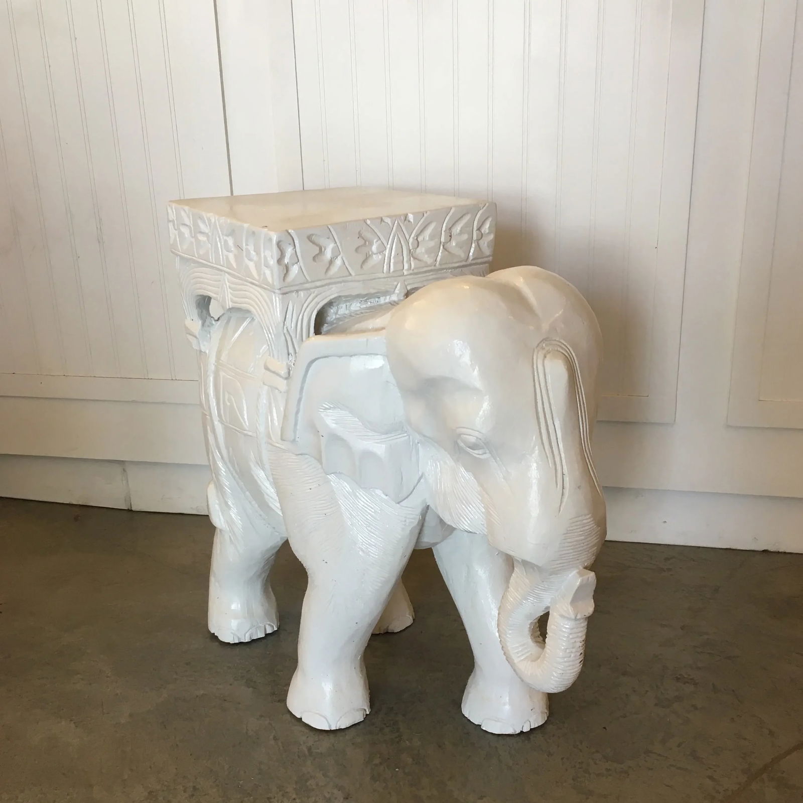 Hollywood Regency White Carved Wood Elephant Side Table/ Stool - 3