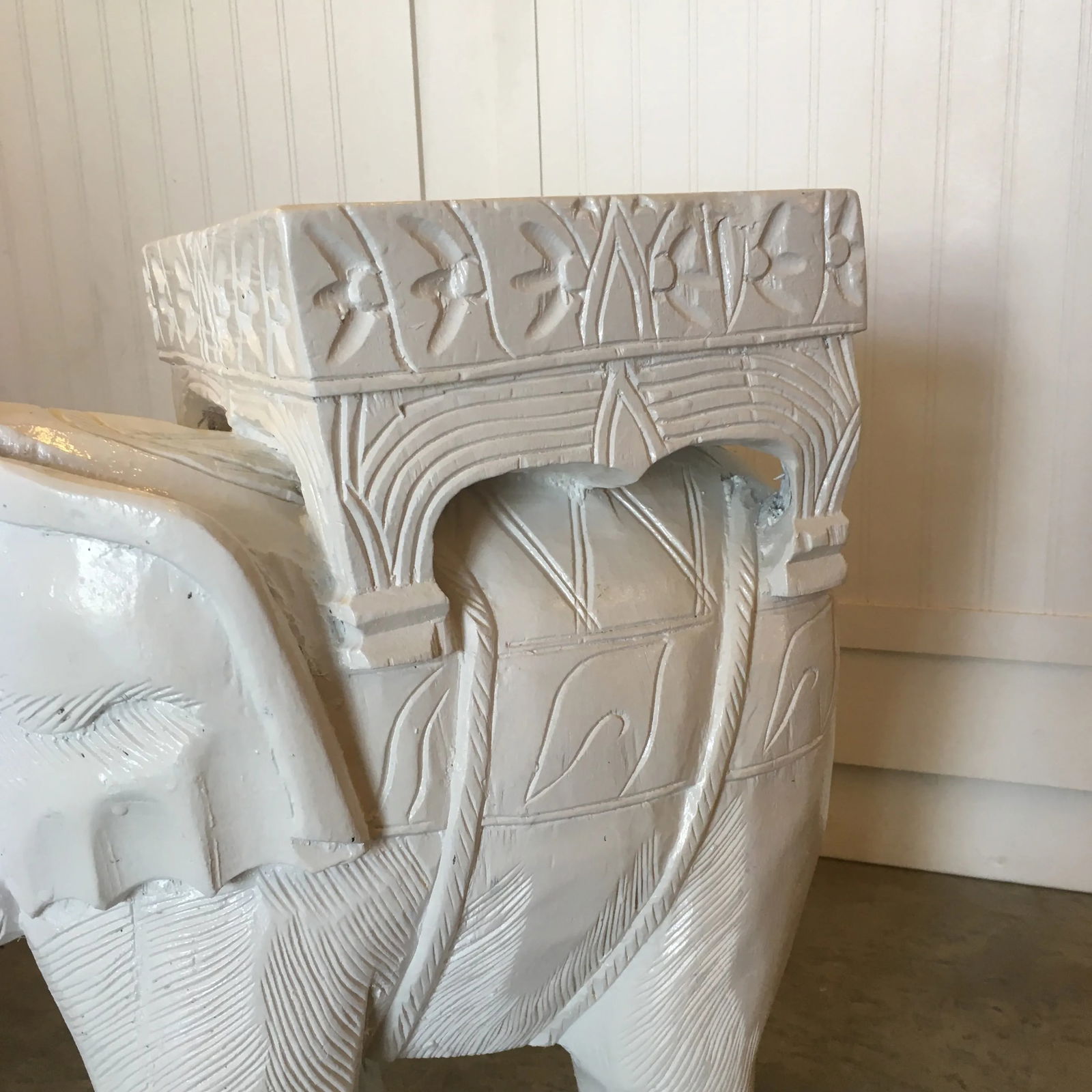 Hollywood Regency White Carved Wood Elephant Side Table/ Stool - 5