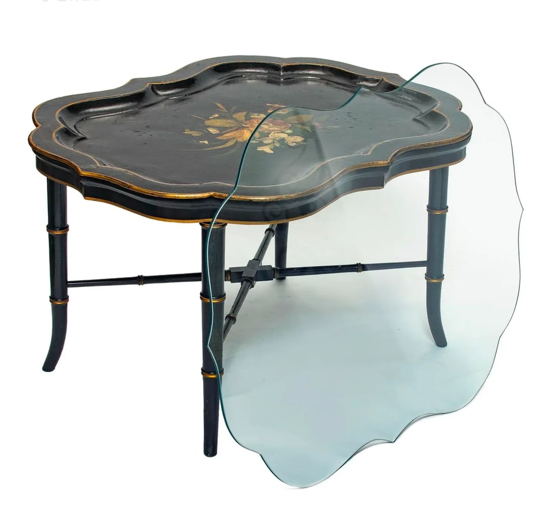 Antique Ebony Tray Table with Glass Top- 3 Pieces - 11