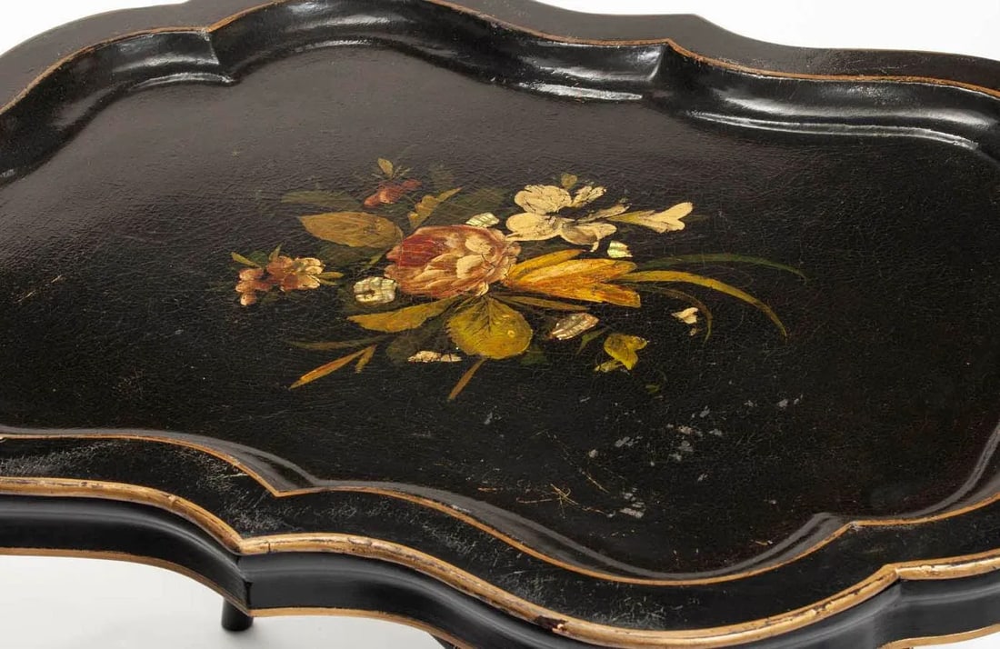 Antique Ebony Tray Table with Glass Top- 3 Pieces - 12