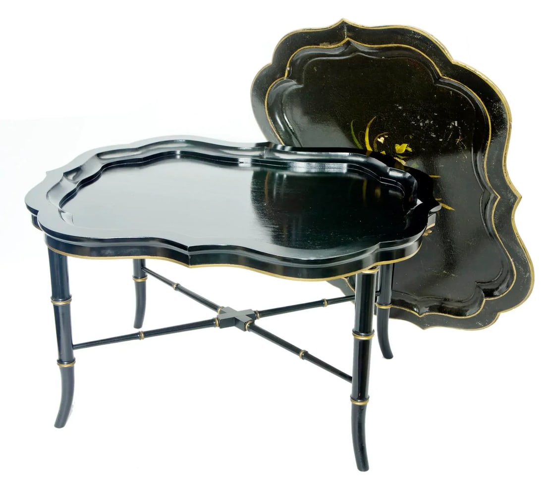 Antique Ebony Tray Table with Glass Top- 3 Pieces - 2