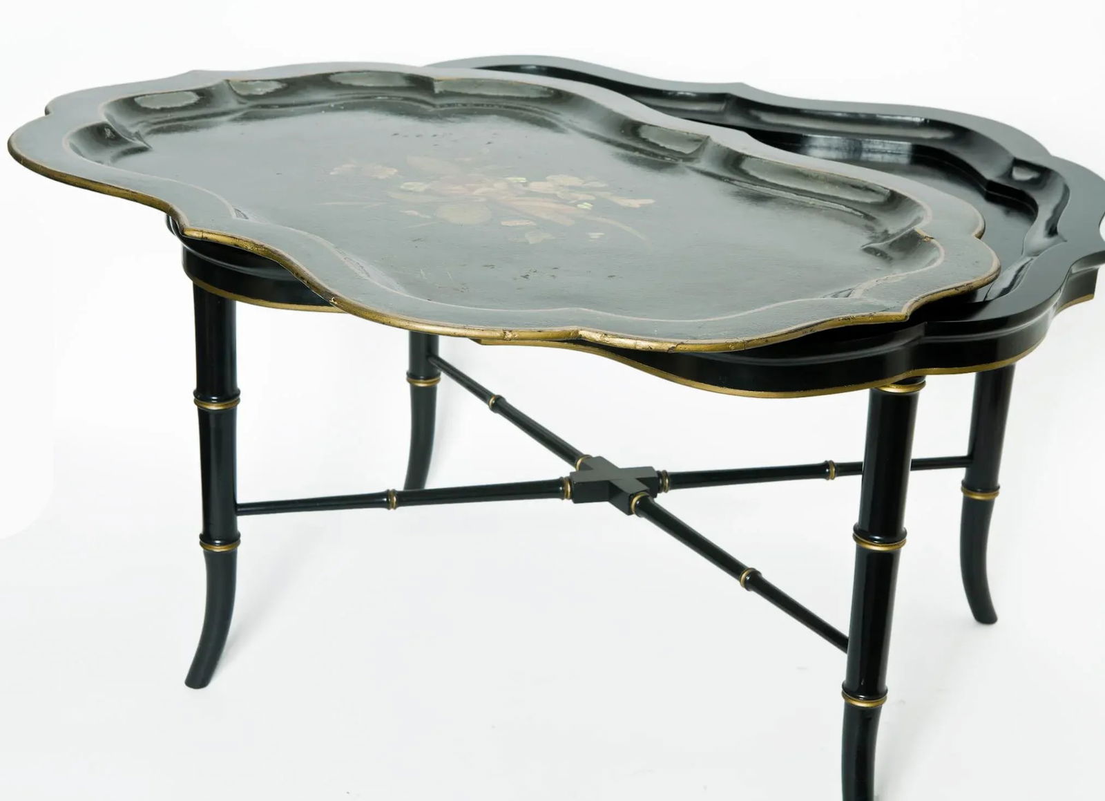 Antique Ebony Tray Table with Glass Top- 3 Pieces - 5