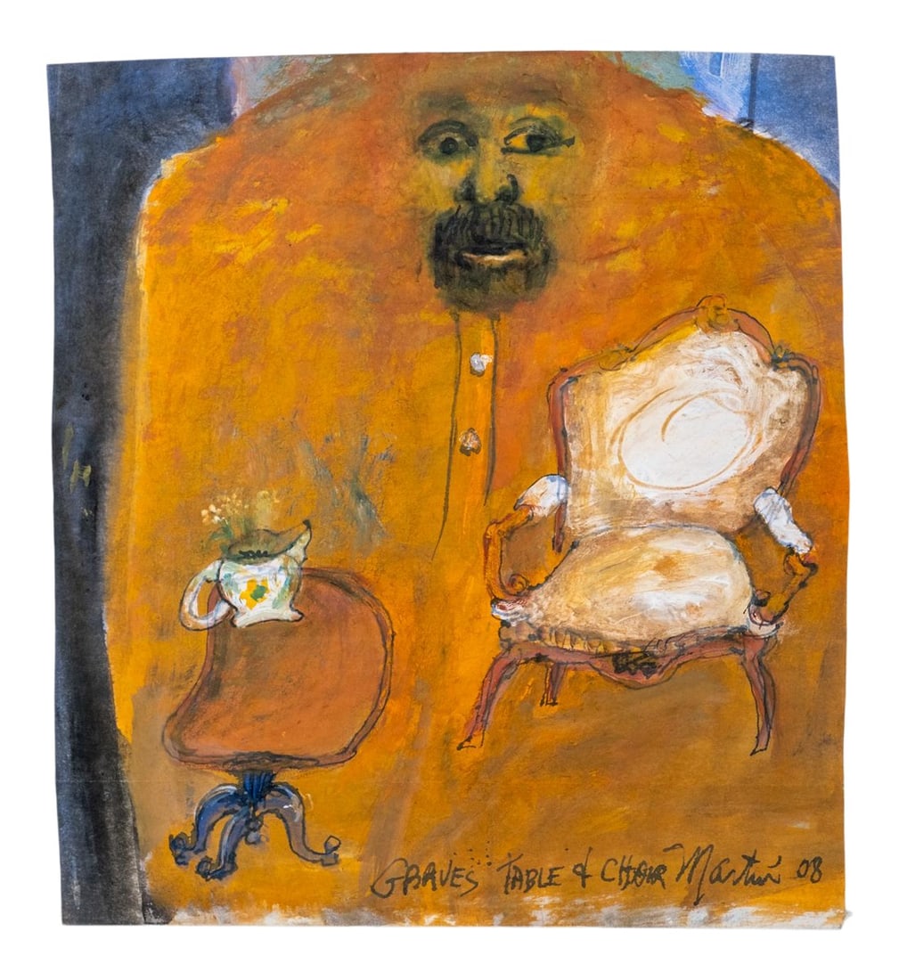 Graves Table & Chair Contemporary Surrealist Style Figurative Gouache Painting by James Martin: Foster/White Gallery who represents the late Martin describes his work as follows. James Martin's artwork is as loquacious as the artist himself. Working primarily with gouache on brown paper, and