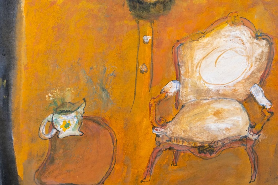 Graves Table & Chair Contemporary Surrealist Style Figurative Gouache Painting by James Martin - 3