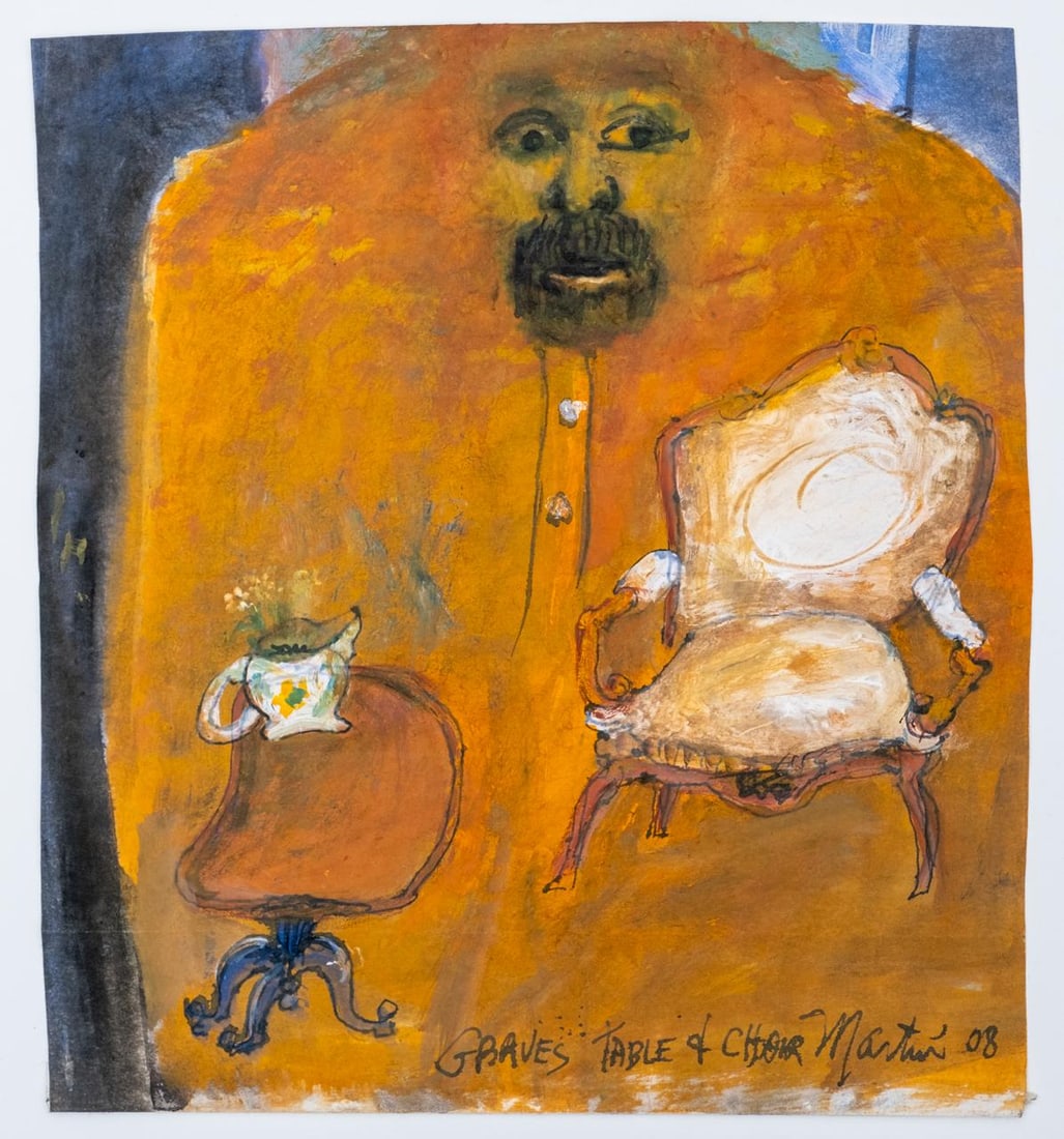 Graves Table & Chair Contemporary Surrealist Style Figurative Gouache Painting by James Martin - 8