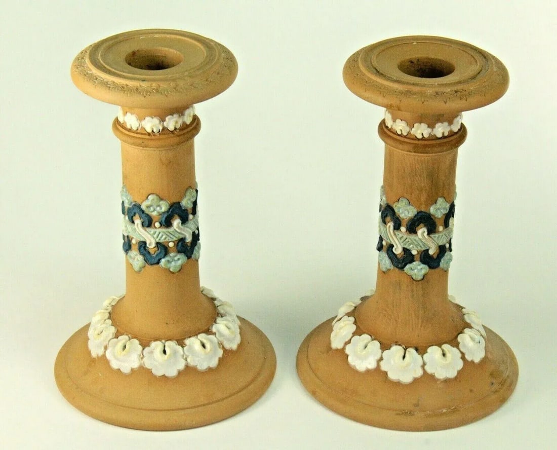 1891-1912 Doulton Lambeth Silicon Ware Candle Holders Candlesticks- a Pair - 2