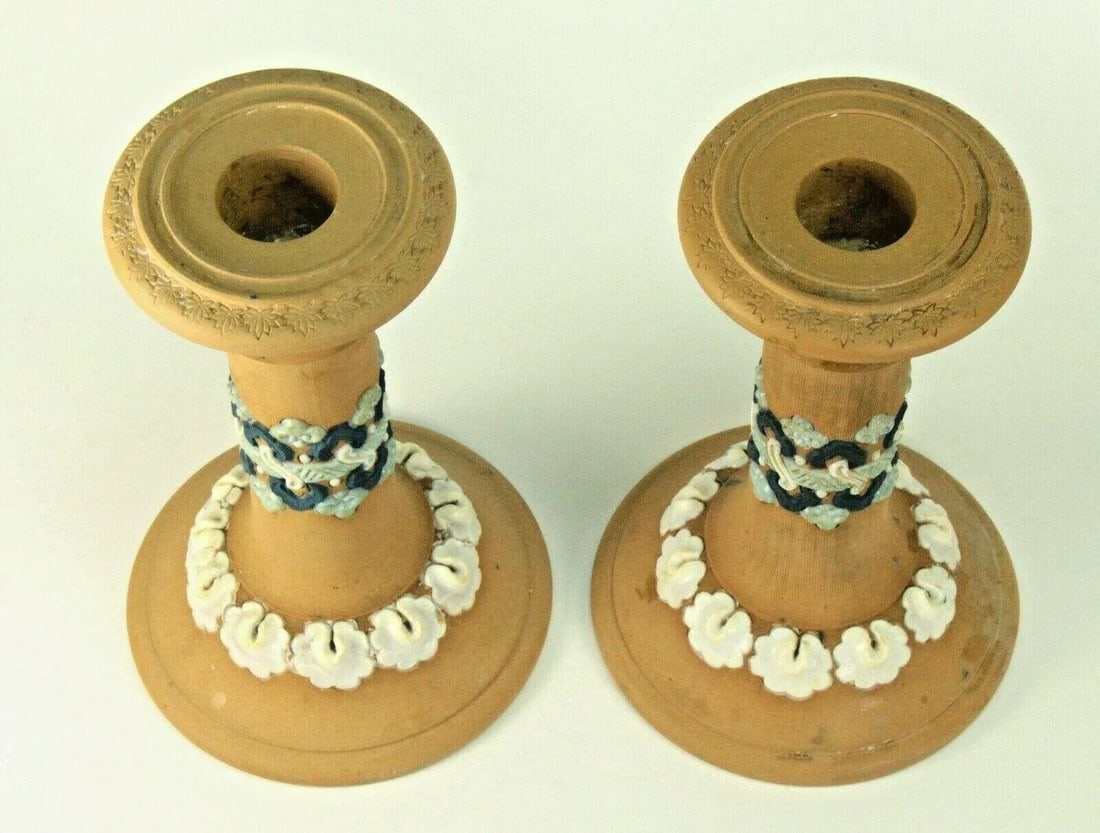 1891-1912 Doulton Lambeth Silicon Ware Candle Holders Candlesticks- a Pair - 6