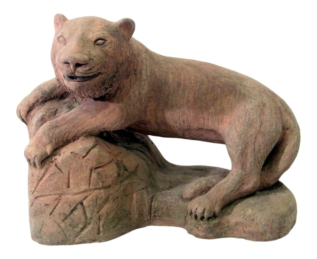 Antique Terracotta Sculpture Statue Figure of a Feline / Lioness: An outstanding statue. Portrays a feline animal, possibly a female lion on a naturalist rocky pedestal All hand shaped unglazed brown terracotta Shows signs of late Renaissance / Early Mannerism Likel