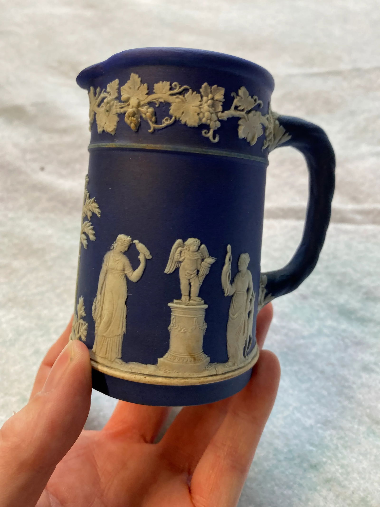 Antique Wedgwood Royal Blue & White Cream Jasperware Jug - 3