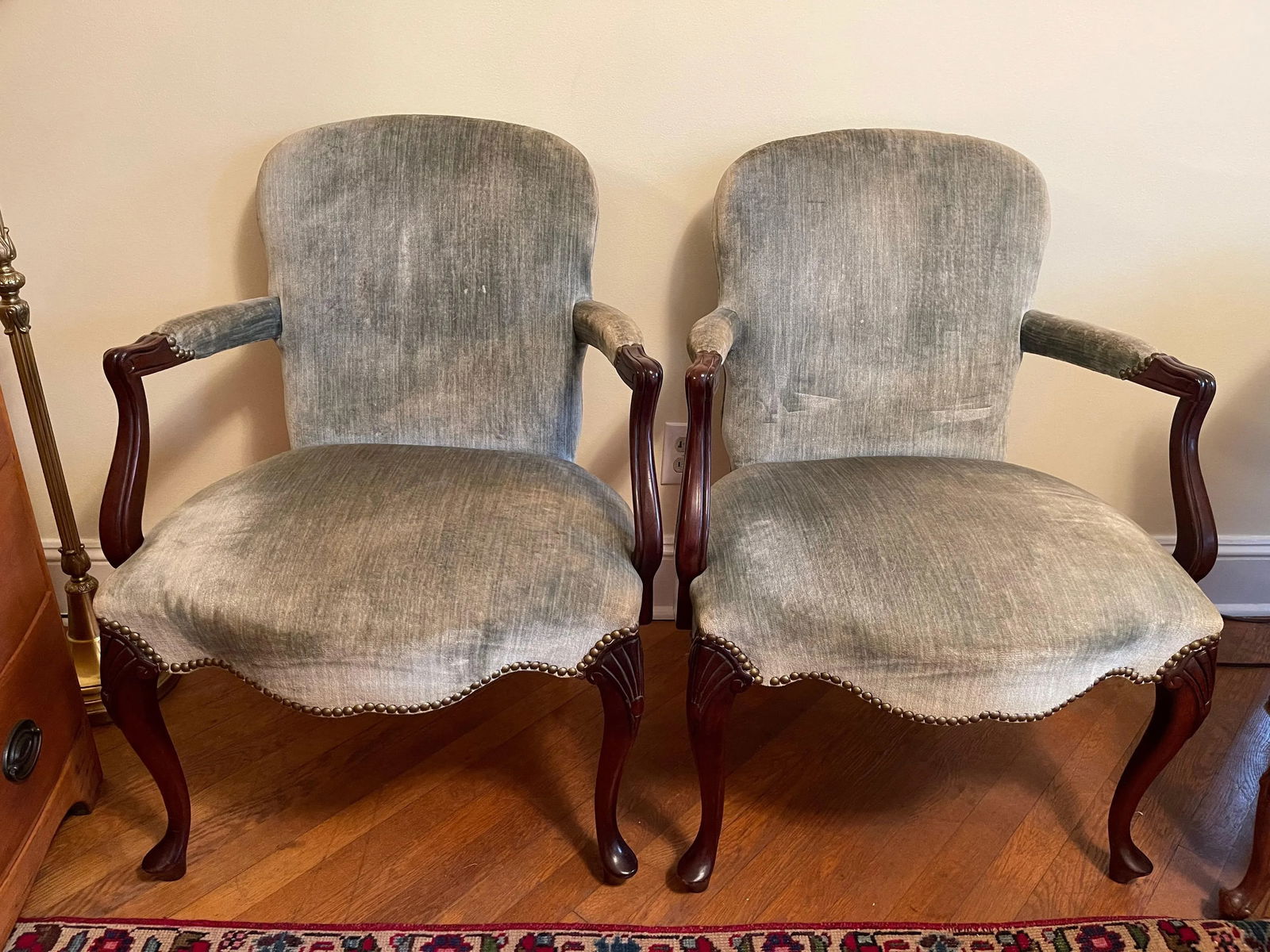 Hickory Chair Co. Mahogany Armchairs Sage Green Velvet Brass Nailhead Trim - a Pair - 13