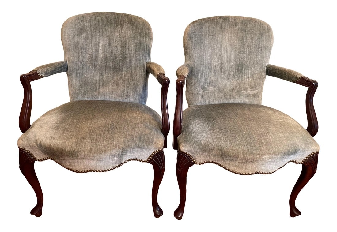 Hickory Chair Co. Mahogany Armchairs Sage Green Velvet Brass Nailhead Trim - a Pair (1 of 13)